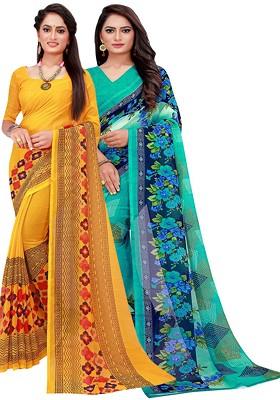 Turquoise Blue Floral Georgette Saree Set (Set Of 2)