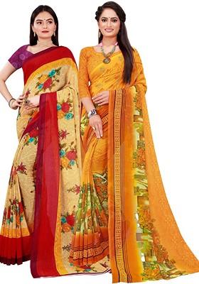 Beige Printed Georgette Saree Set (Set Of 2)