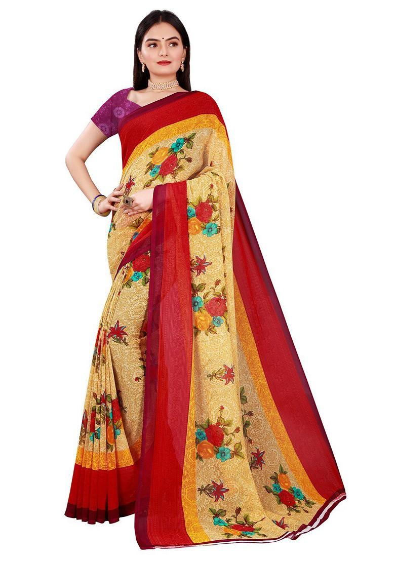 Beige Printed Georgette Saree Set (Set Of 2)