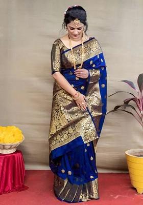 Blue woven Kanjeevaram Saree Set