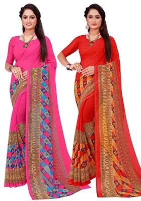 Orange Printed Georgette Saree Set