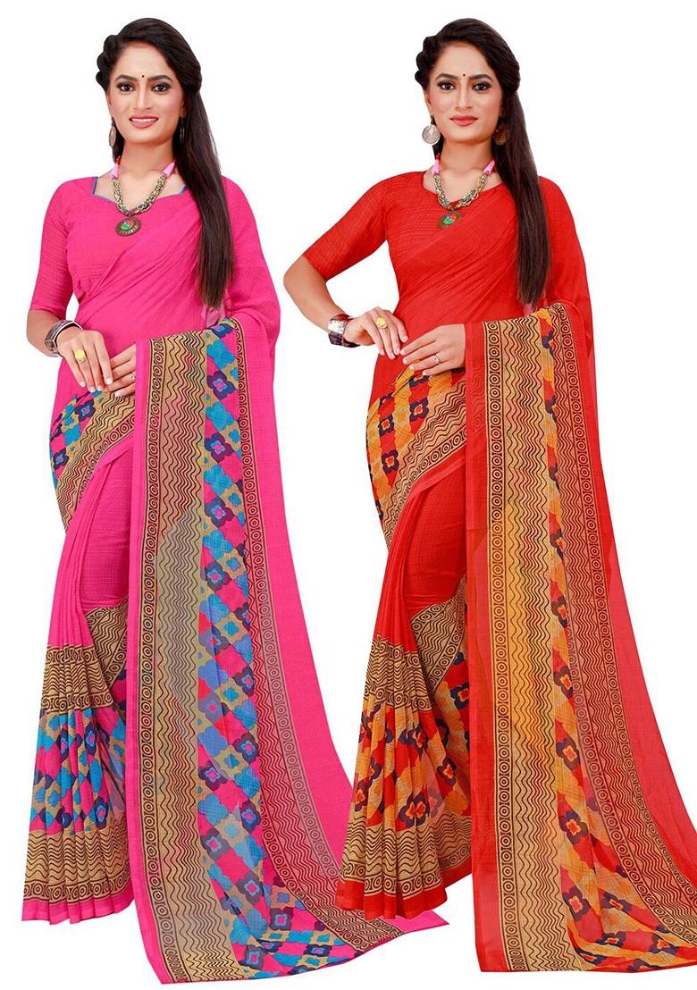 Orange Printed Georgette Saree Set