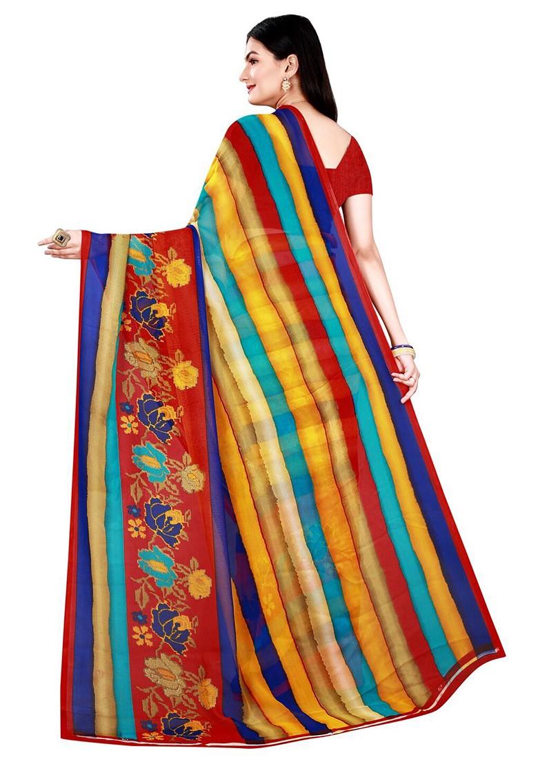 Blue Striped Georgette Saree Set