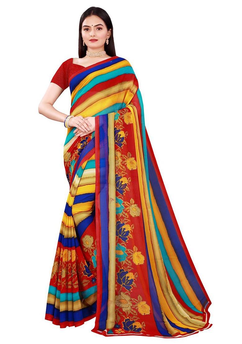 Blue Striped Georgette Saree Set