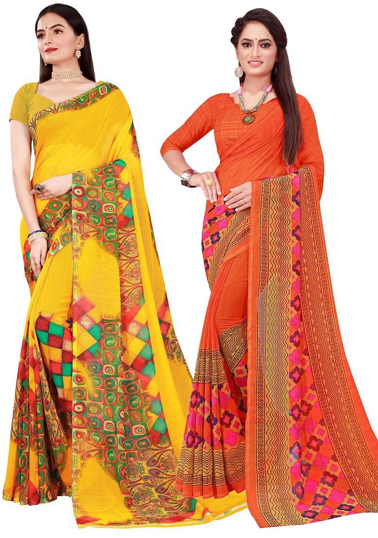 Orange Printed Georgette Saree Set (Set Of 2)