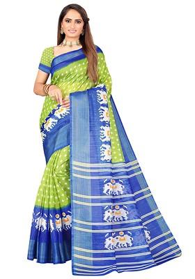 Green Printed Art Silk Saree Set