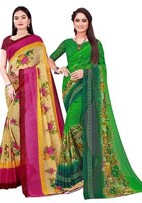 Green Embroidered Georgette Saree Set (Set Of 2)