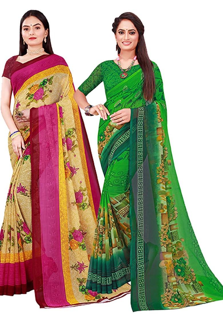 Green Embroidered Georgette Saree Set (Set Of 2)