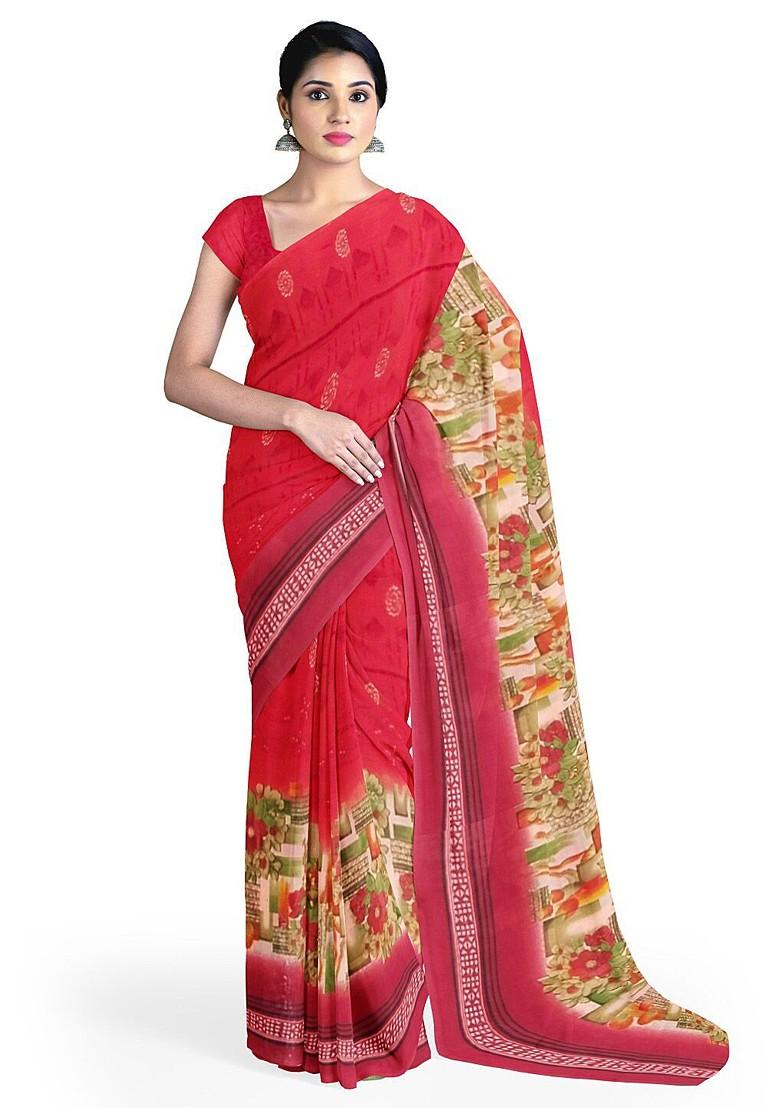Peach Floral Georgette Saree Set