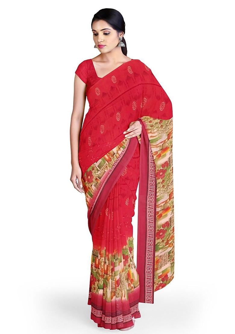 Peach Floral Georgette Saree Set