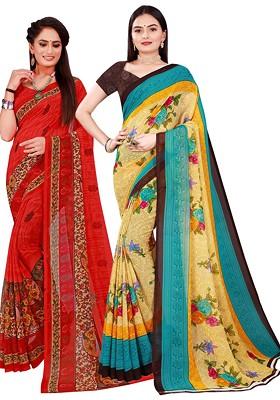Beige Printed Georgette Saree Set (Set Of 2)