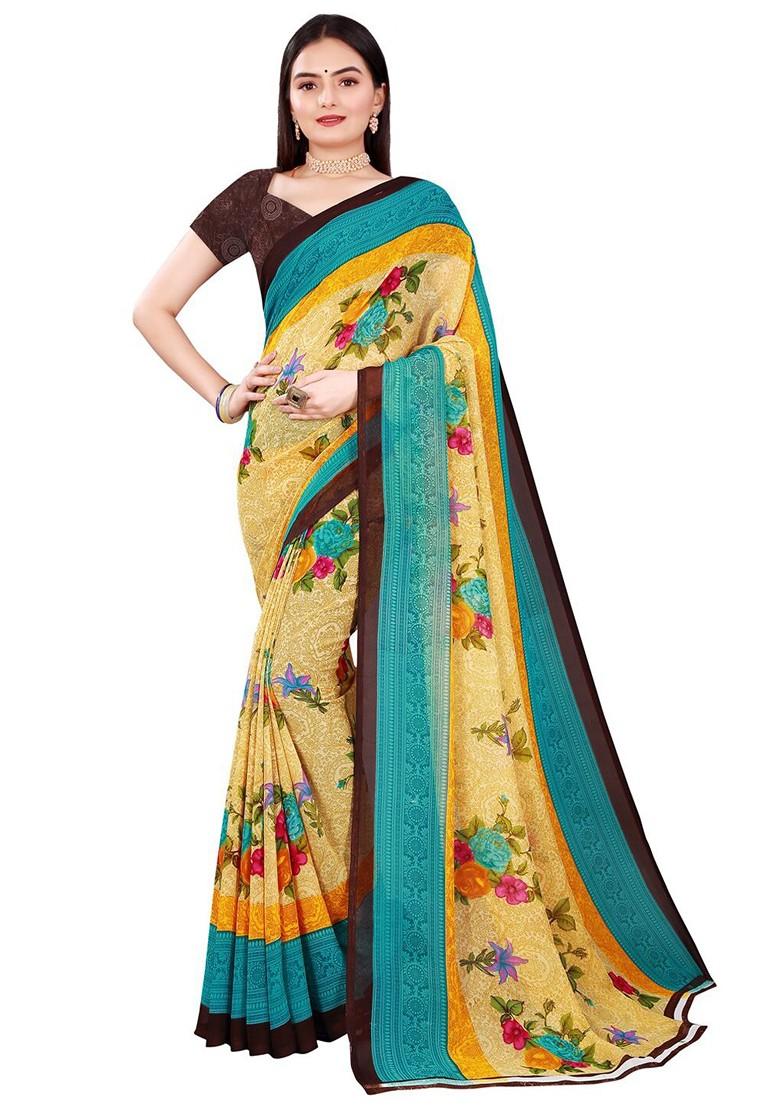 Beige Printed Georgette Saree Set (Set Of 2)