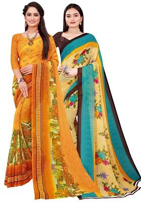 Beige Printed Georgette Saree Set (Set Of 2)