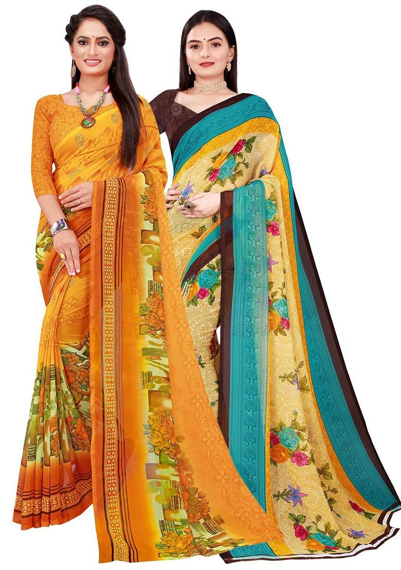 Beige Printed Georgette Saree Set (Set Of 2)