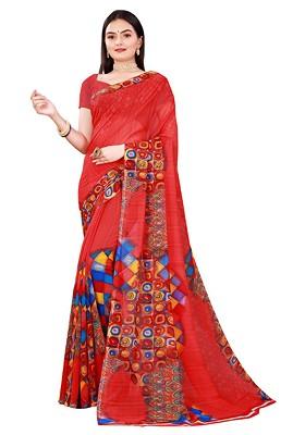 Red Printed Georgette Saree Set