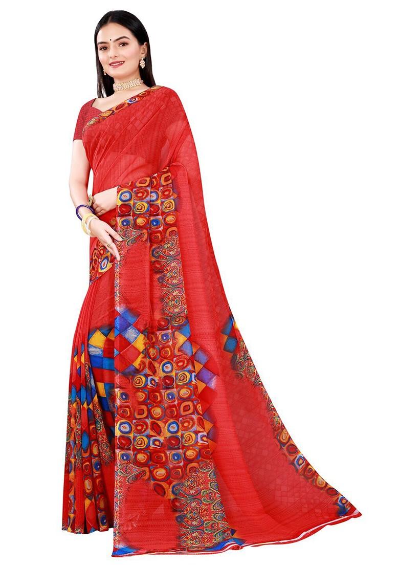Red Printed Georgette Saree Set