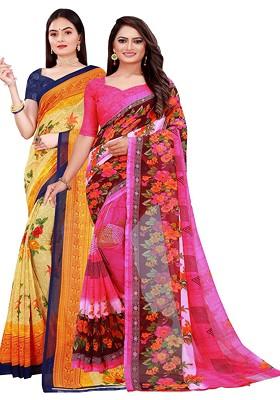 Pink Floral Georgette Saree Set (Set Of 2)