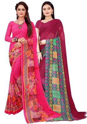 Pink Floral Georgette Saree Set (Set Of 2)