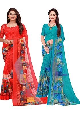 Blue Embroidered Georgette Saree Set (Set Of 2)