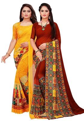 Brown Embroidered Georgette Saree Set