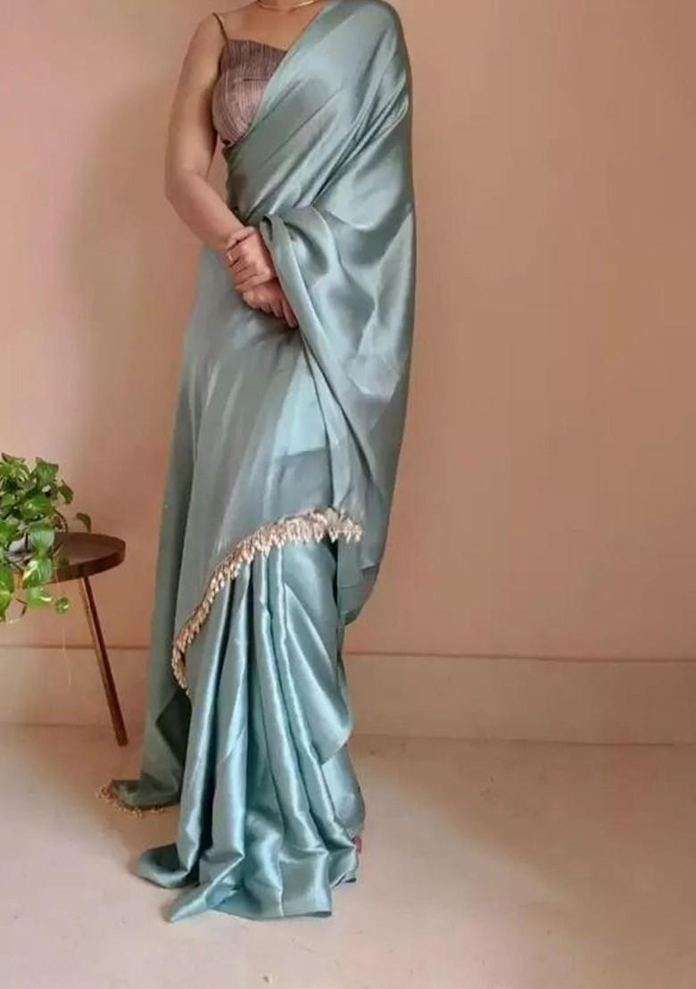 Blue Embroidered Satin Saree Set