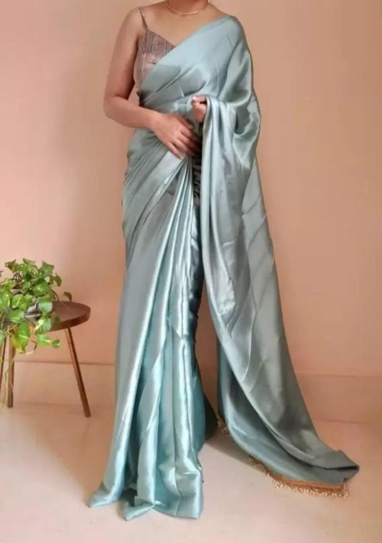 Blue Embroidered Satin Saree Set