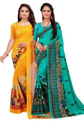 Turquoise Blue Embroidered Georgette Saree Set