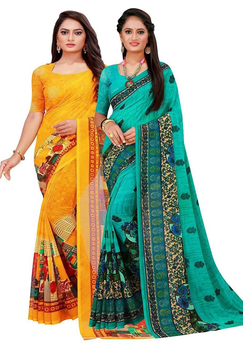 Turquoise Blue Embroidered Georgette Saree Set