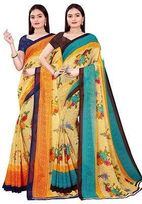 Beige Floral Georgette Saree Set (Set Of 2)