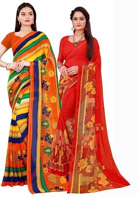 Red Printed Georgette Saree Set (Set Of 2)