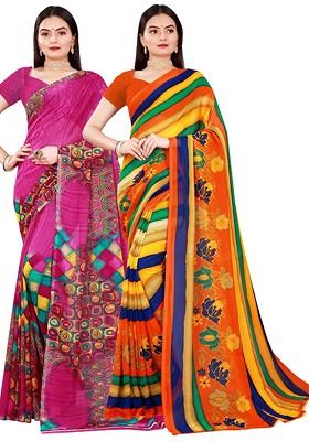 Magenta Striped Georgette Saree Set (Set Of 2)