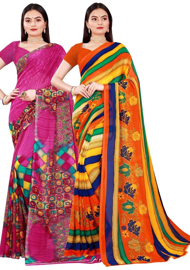 Magenta Striped Georgette Saree Set (Set Of 2)