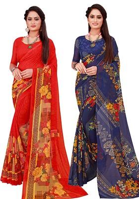 Navy Blue Floral Georgette Saree Set (Set Of 2)