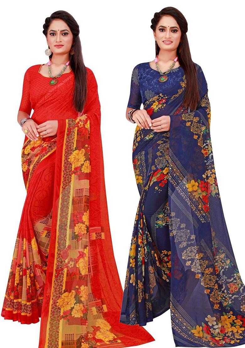 Navy Blue Floral Georgette Saree Set (Set Of 2)