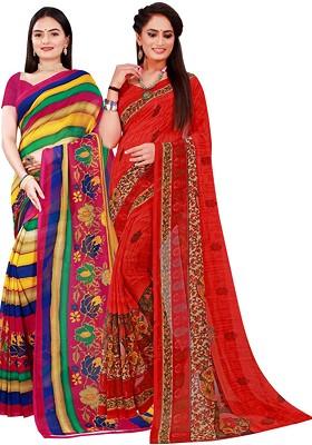 Navy Blue Embroidered Georgette Saree Set (Set Of 2)