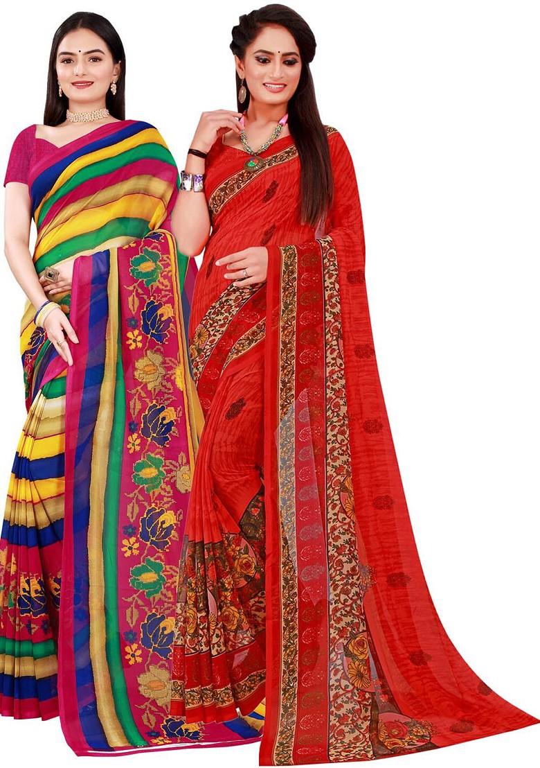 Navy Blue Embroidered Georgette Saree Set (Set Of 2)