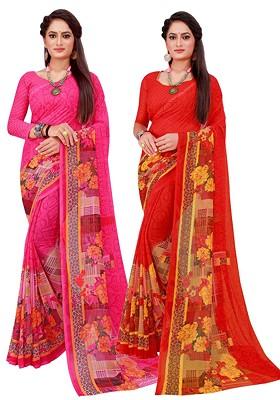 Magenta Floral Georgette Saree Set (Set Of 2)