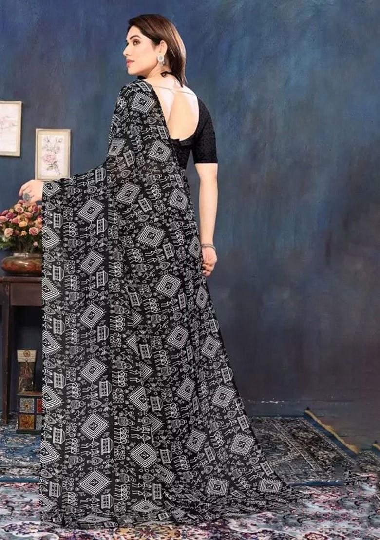 Black Printed Georgette Saree Set