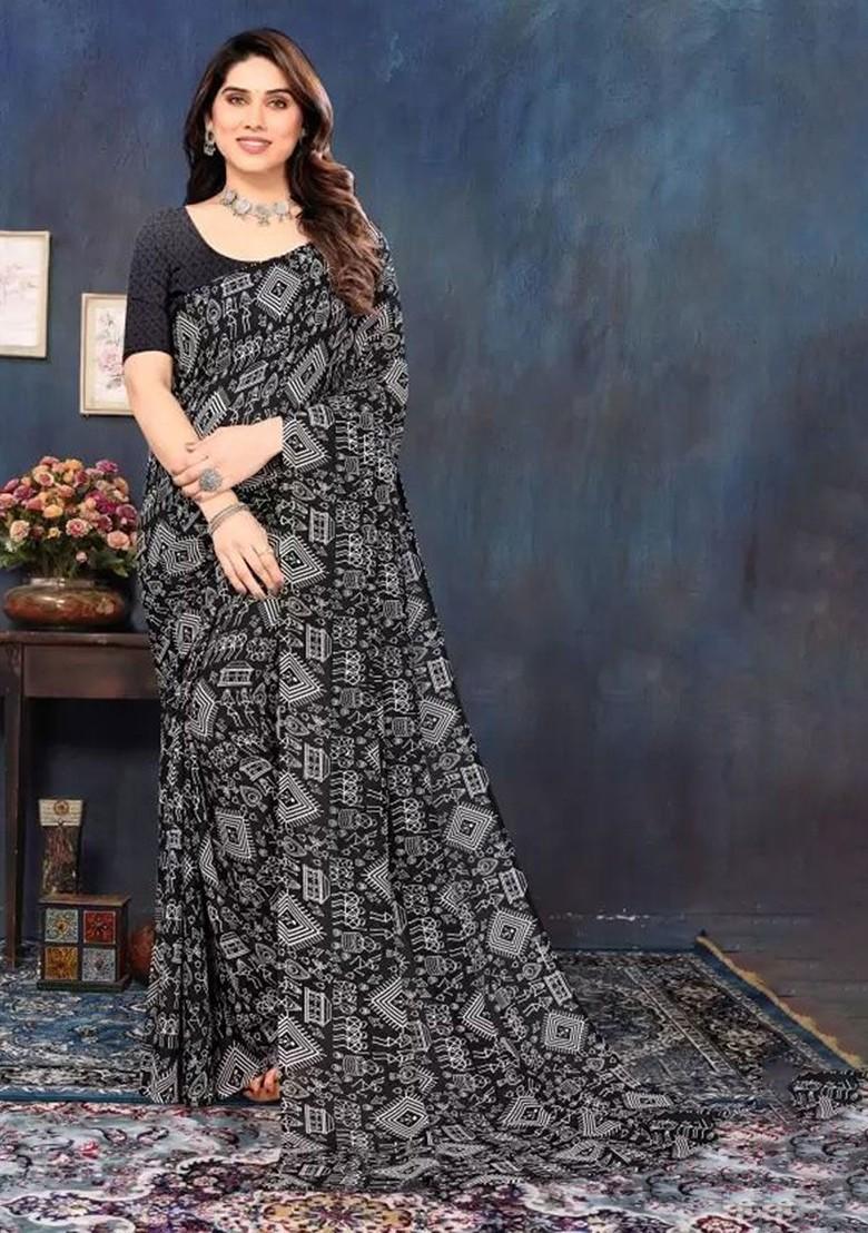 Black Printed Georgette Saree Set