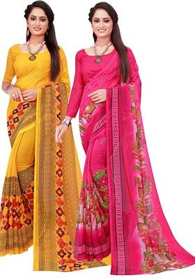 Pink Floral Georgette Saree Set (Set Of 2)