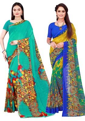 Green Floral Georgette Saree Set (Set Of 2)
