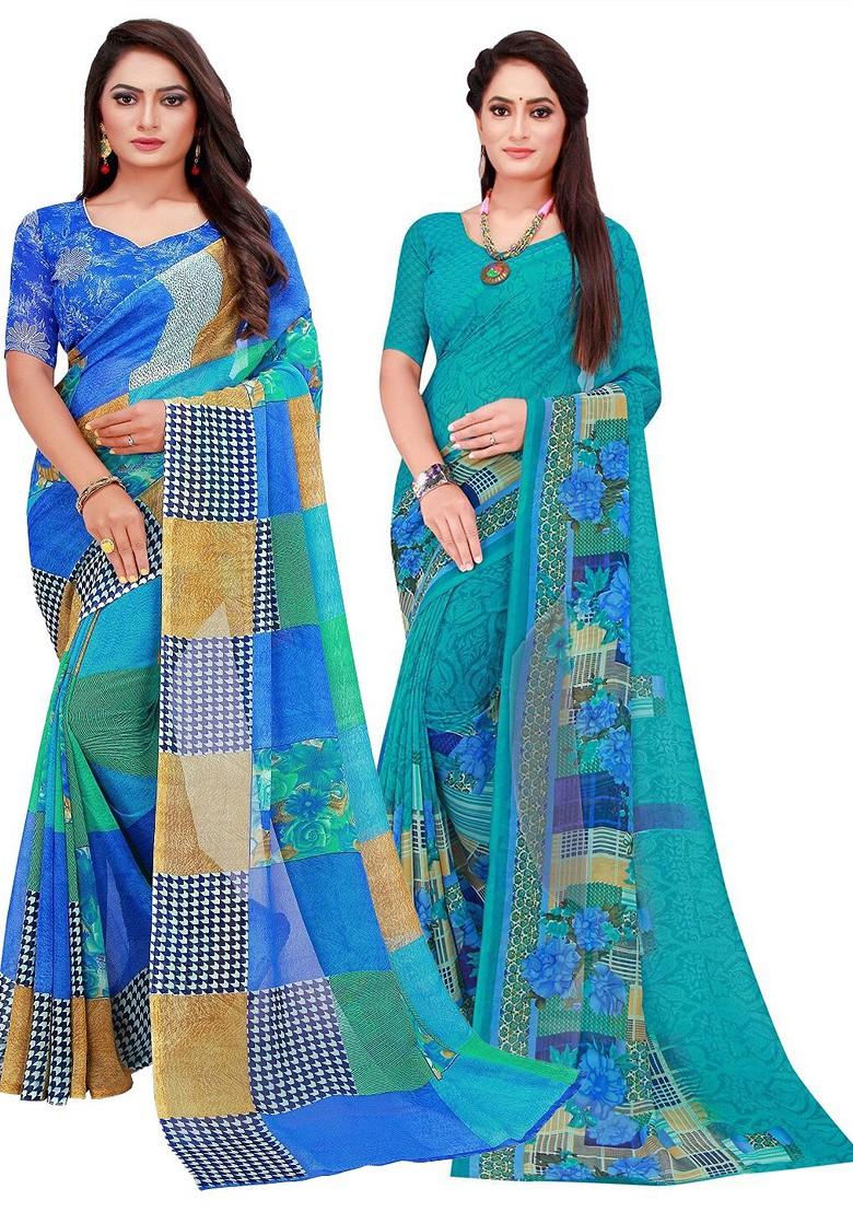 Teal Green Printed Georgette Saree Set