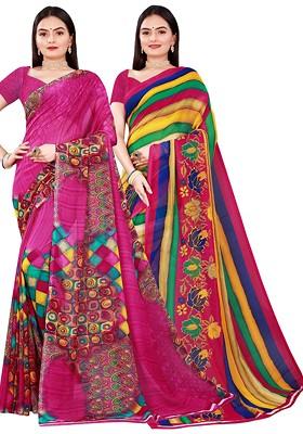 Magenta Embroidered Georgette Saree Set (Set Of 2)