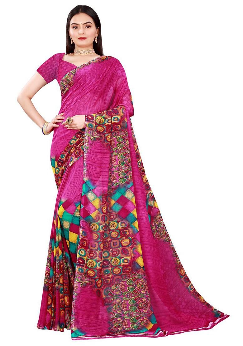 Magenta Embroidered Georgette Saree Set (Set Of 2)