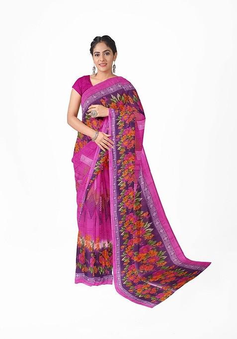 Pink Floral Georgette Saree Set