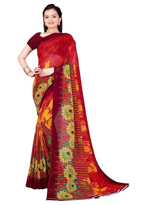 Red Floral Georgette Saree Set