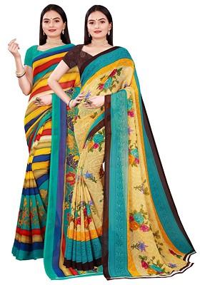 Green Floral Georgette Saree Set (Set Of 2)