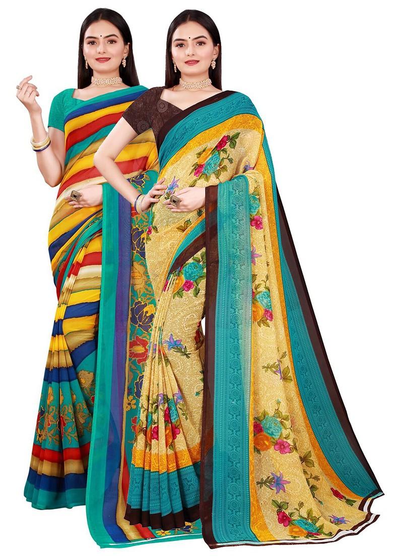 Green Floral Georgette Saree Set (Set Of 2)