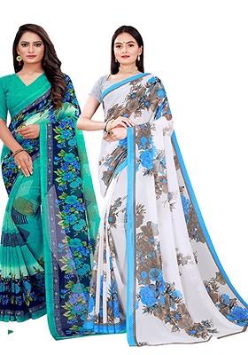 Green Floral Georgette Saree Set (Set Of 2)
