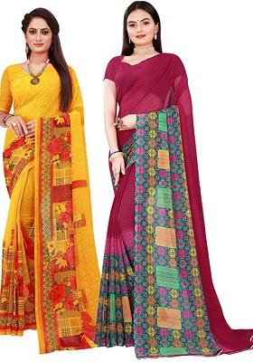 Yellow Printed Georgette Saree Set (Set Of 2)